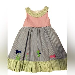 Florence Eiseman Pink, Blue & Green Striped Seersucker Dress Sea Theme 6X